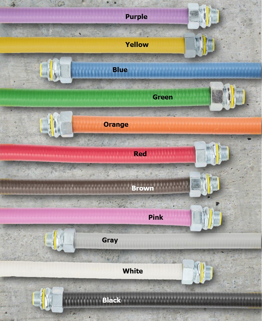 PDU Cables offers eleven colors of liquid tight electrical conduit.  Manufactured by AFC international metal hose sealskin