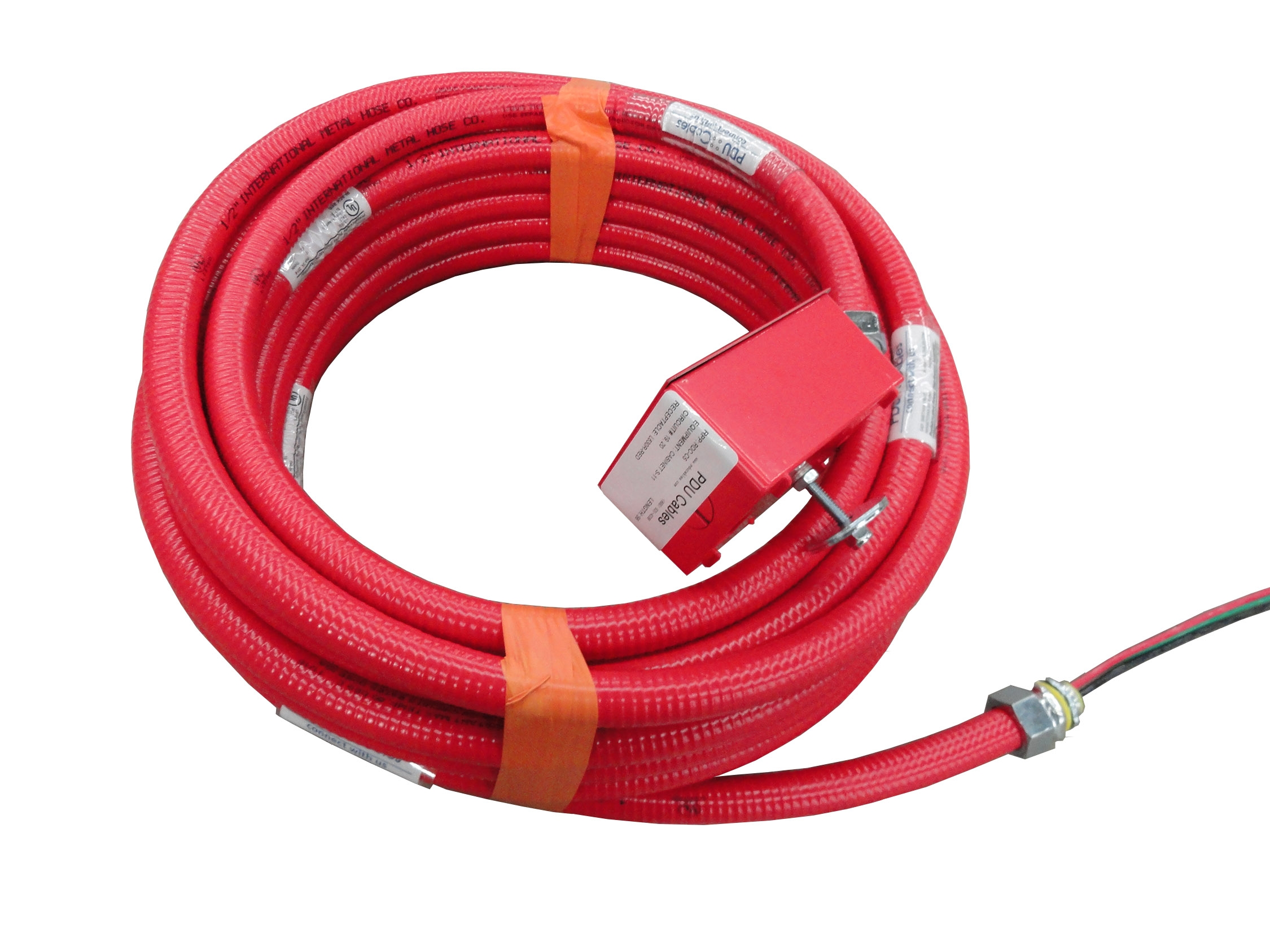 Type LFMC - Red Conduit with Uni-Strut Bolt Mounting Hardware and box label and multiple conduit labels