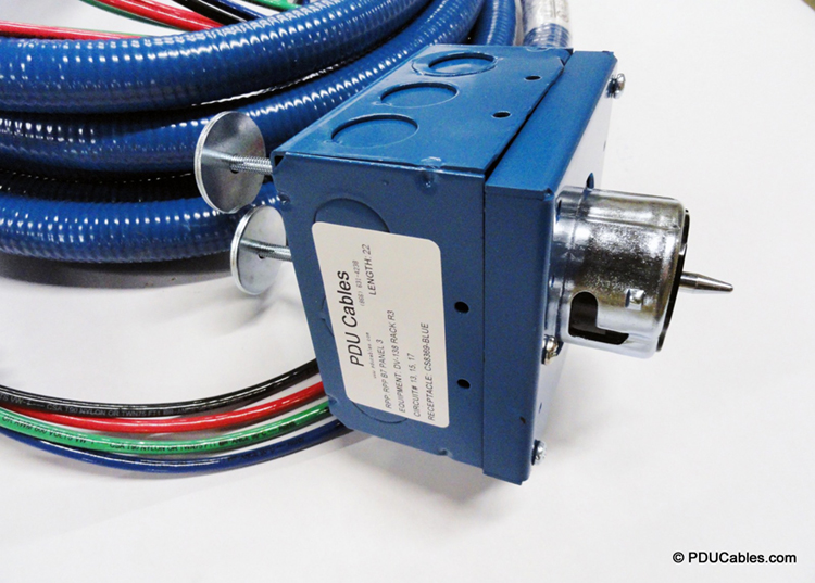 Color matched blue 1900 style box, faceplate and conduit with NEMA CS8369 with twin uni-strut mounting bolt and box label and color matched liquid-tight conduit