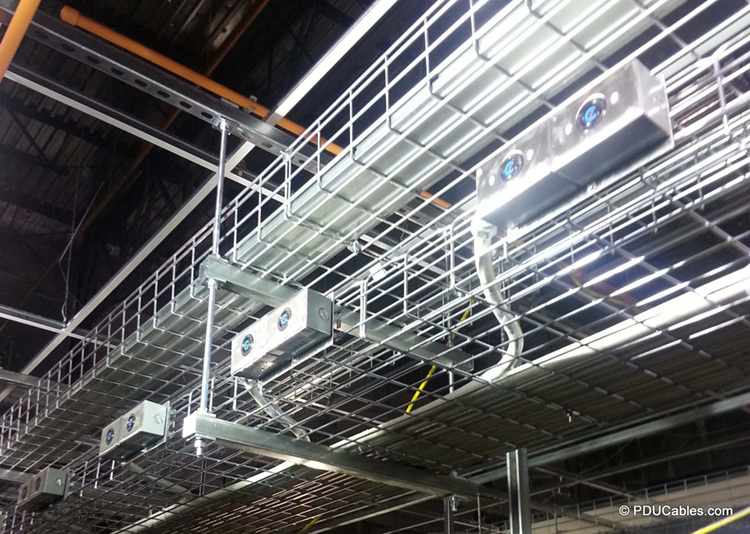 Multi-circuit data center power cables mounted to cable tray rack with mounting ears