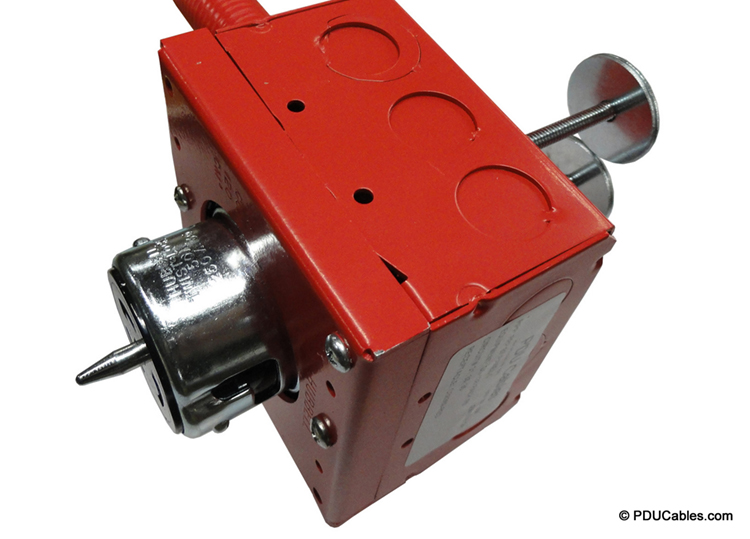 NEMA CS8369 50 amp locking device with color matched red 1900 style box, faceplate and conduit with dual uni-strut mounting bolts